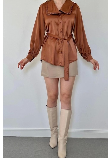 Kahverengi Yakası Fırfırlı Kuşaklı Saten Gömlek Kahve