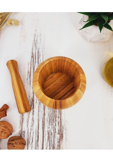 El Yapımı Ahşap Ağaç Havan Sarımsak Döveceği Bambu 12 Lik