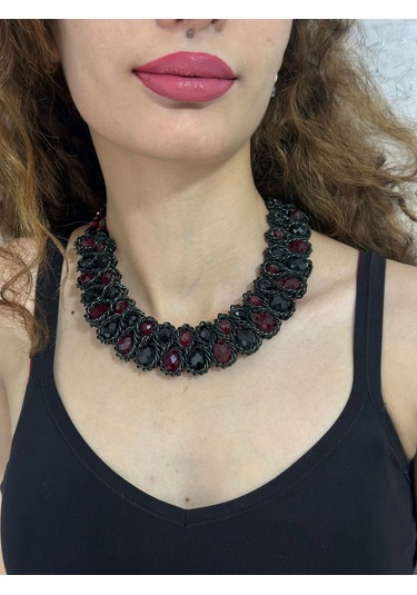 Bordo Kristal Boncuklu Tasarım Kadın Kolye 22 Cm Renkli