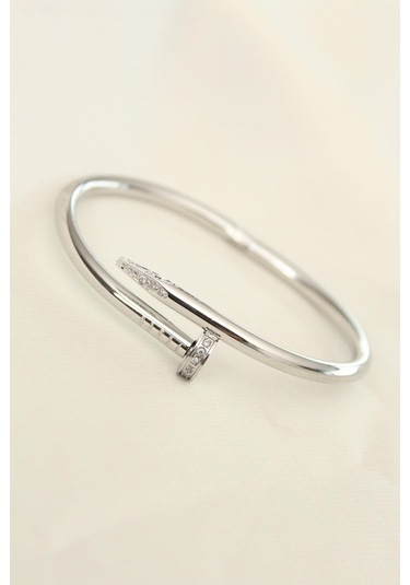 Çelik Gümüş Renk Taşlı Çivi Model  Bileklik Çelik