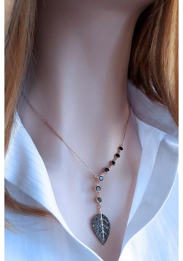 Tohum Taşlı Siyah Yaprak Kolye 368917491