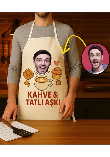 Kişiye Özel Karikatür Fotoğraflı Mutfak Önlüğü Kahve Tatlı Aşkı Krem