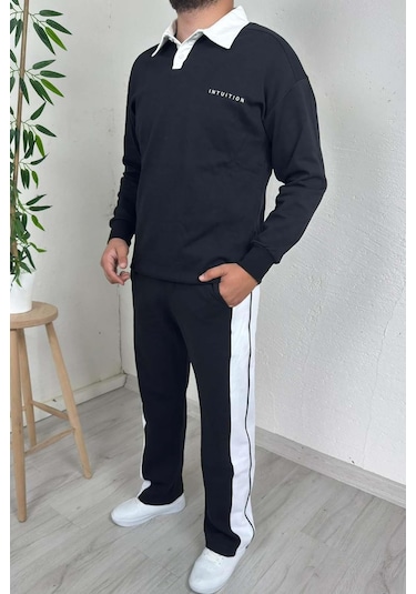 Explode - Erkek Siyah Polo Yaka Baggy Çizgili Günlük Takım Siyah