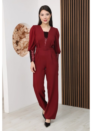 Lodmela Nursel Ergin Payet Detaylı Abiye Tulum 6056-bordo