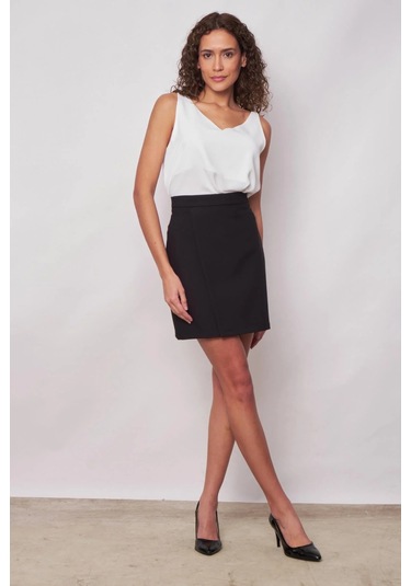 Kadın Hafif Likralı Kumaş Yüksek Bel Anvelop Kruvaze Hafif Mini Kalem Etek-siyah Siyah