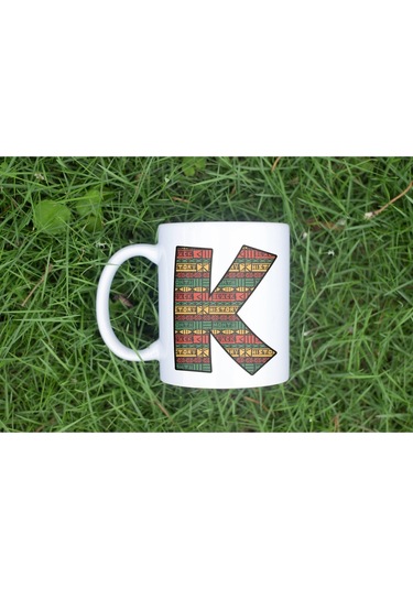 K Harfi Etnik Desenli Kupa - Afrika Tarzı Kahve Çay Kupası - Hediyelik - Black History Beyaz