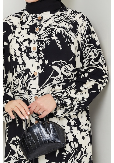 Dilşen Düğmeli Dokuma Viskon Elbise 1562 - Siyah Siyah