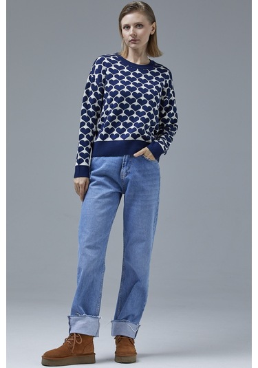 Kalp Desenli Sıfır Yaka Triko Kazak - Lacivert 001