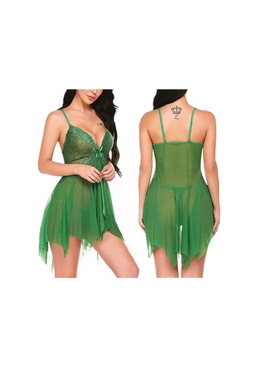 Yeşil Artı Boyutu Kadınlar İçin Yeni Sling Lingerie Derin V Dantel Babydoll Pijama Boudoir Kıyafetler