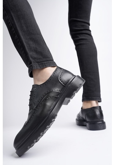 Muggo Andre Garantili Klasik Hakiki Deri Bağcıklı Ortopedik Erkek Casual Ayakkabı Siyah