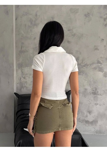 Kazax Kaşkorse Yaka Fermuarlı Bluz Beyaz Beyaz