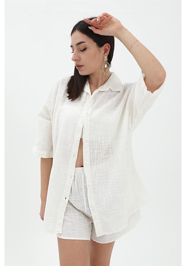 Pamuk Keten Şort Gömlek Kadın İkili Takım - Ekru-ekru Ekru