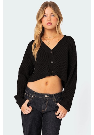 Madmext Siyah Uzun Kollu Düğmeli Crop Hırka Mg2198 Siyah