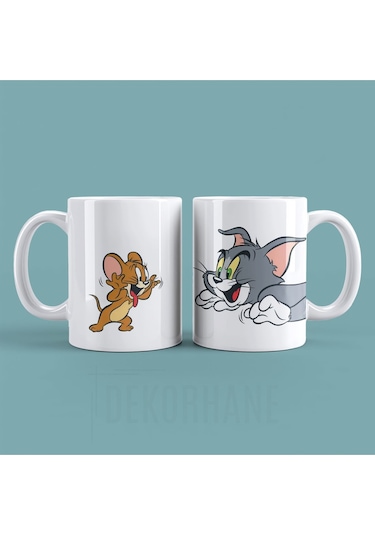 2'li Tom Ve Jerry - Tasarım Baskılı Kahve Kupası Hediye Porselen Mug Kupa Bardak Beyaz