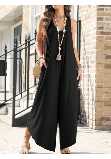 Soonaksesuar Kadın Askılı Yuvarlak Yaka Cepli Salaş Uzun Viskon Tulum Siyah