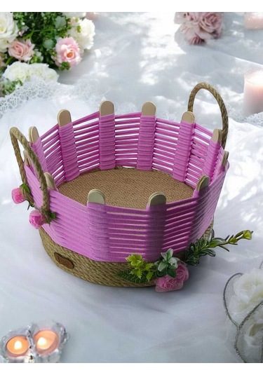 Makyaj Organizer Hasır Sepet Takı Kutusu Komidin Üstü Çok Amaçlı El Yapımı Pembe