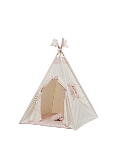 Exorbaby Lüks,büyük Boy,ahşap Ve Pamuklu Naturel Kumaş,toplanmaz,devrilmez,puf Minderli Oyun Çadırı Pembe