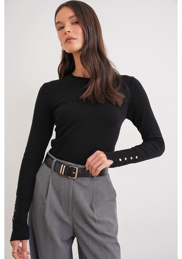 6736 Kadın Bisiklet Yaka Kolu Droplu Triko Kazak Siyah Siyah