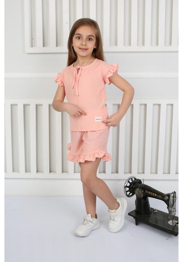 Fırfır Detaylı Şortlu Yazlık Kız Çocuk Takım Pudra