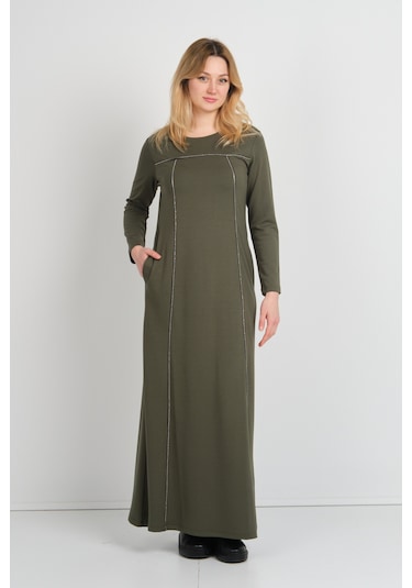 Sistas Kadın Parlak Taş Detaylı Uzun Kollu Çift Cepli Elbise 23824 Haki Haki