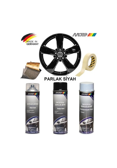 Motip Parlak Siyah Jant Boyama Rötuş Seti Akrilik Sprey Boya + Vernik + Astar 500 Ml