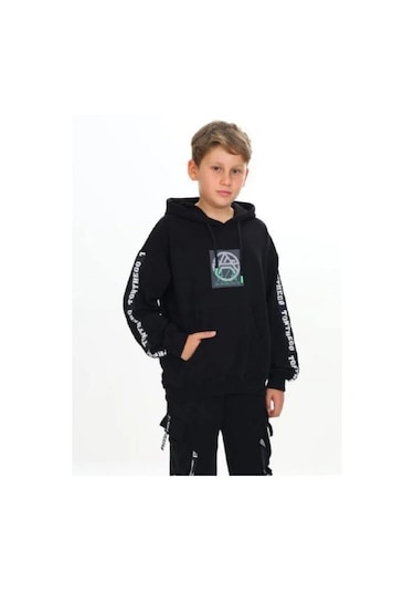 Çocuk Kapüşonlu Stay Strong Yazılıi Sweatshirt-14816 Siyah