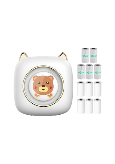 Yunboo C23 Beyaz Bluetooth Isı Etiket Yazıcı - Fotoğraf, Not, Defter, Fatura Basımı - 6 Adet Isı Kağıdı + 5 Adet Yapışkan Kağıt - Dahili Lityum Pil