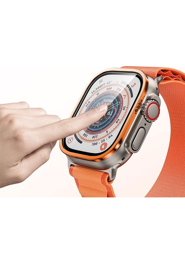 Ekılıf - İos Watch Ultra 49mm Uyumlu - Ekran Koruyucu Metal Çerçeveli Ekran Koruyucu - Alm-01 - Siyah - T26559