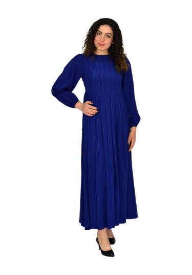 Kadın Lacivert Kol Lastikli Pileli Bağcıklı Elbise Bgl-st04643 Lacivert
