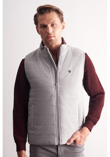 İmza Gri Dik Yaka Fermuarlı Casual Slim Fit Kapitone Yelek 1009255103 Gri