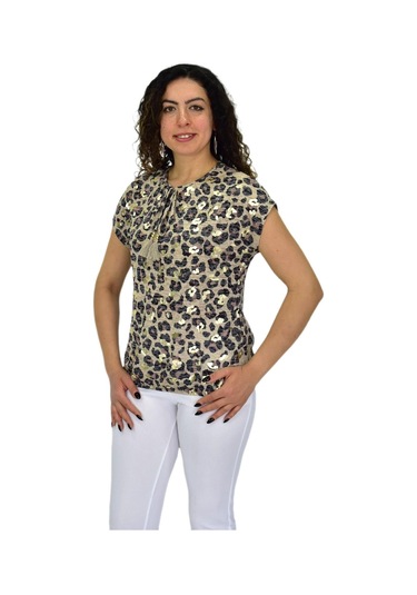 Kadın Kısa Kol Baskılı Bluz Bgl-st04705 Bej