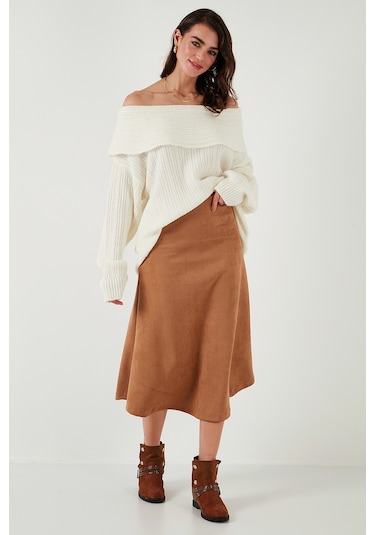 Lela Streç Regular Fit Yüksek Bel Midi Boy Süet Çan Bayan Etek 5866180 Vizon