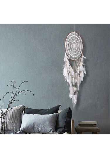 Büyük Boho Rüya Yakalayıcı Beyaz Tüy Ve Boncuk Duvar Askısı Vintage Düğün Ev Dekoru 40 Cm Daire 110 Cm Uzunluk