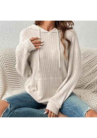 Gmxıa Kadın Modası Rahat Düz Renk Baskı Sonbahar Kış Uzun Kollu Kapşonlu Gevşek Pit Kanguru Cepli Kapşonlu Yeşil