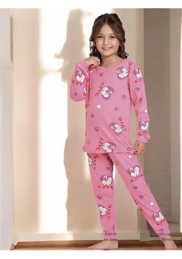 Kız Çocuk Pamuklu Tavşan Desenli Pijama Takımı-14919 Pembe