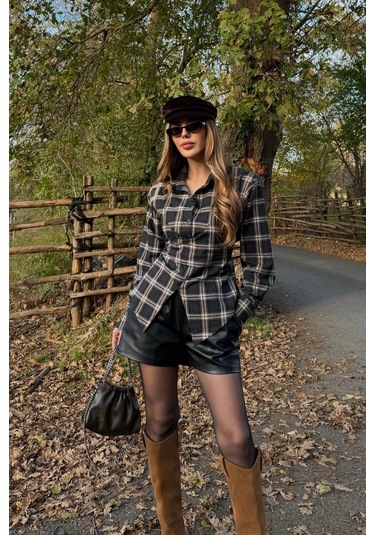 Siyah Bağlama Detaylı Ekoseli Gömlek - 25250 Siyah