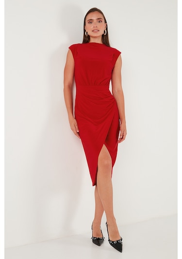 Lela Drape Ve Yırtmaç Detaylı Sıfır Yaka Kolsuz Midi Boy Bayan Elbise 611El694 Kırmızı
