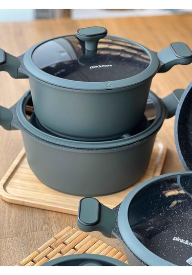 Maya Döküm Tencere Seti Haki Yeşil 9 Parça Haki