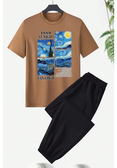 Unisex Van Gogh Baskılı Eşofman Takımı Siyah