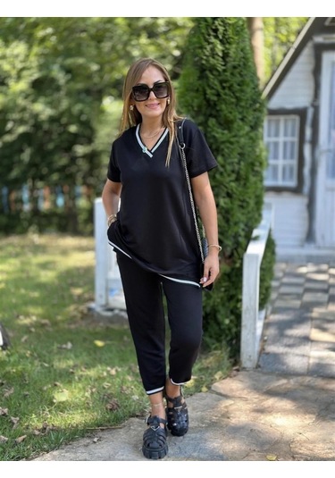 The İstanbul Kadın Kısa Kollu V Yakalı Iki Iplik Bluz Ve Pantolon Ikili Takım Siyah