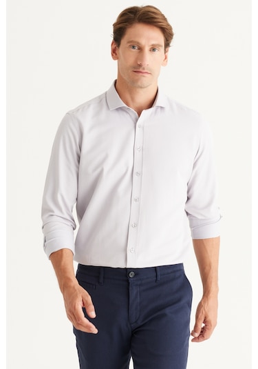 AC&Co / Altınyıldız Classics Erkek GRI Kolay Ütülenebilir Slim Fit Dar Kesim İtalyan Yaka Armürlü Gömlek Gri