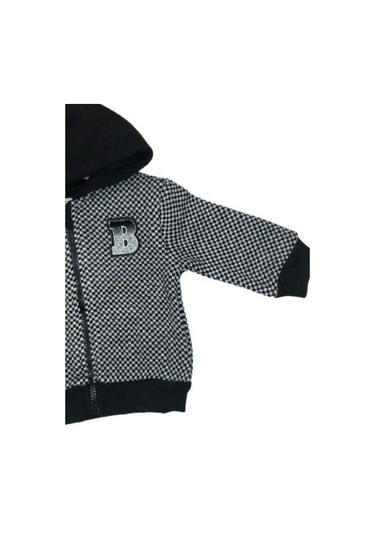 Erkek Bebek Kapüşonlu Kareli Fermuarlı Hırka-13476 Siyah