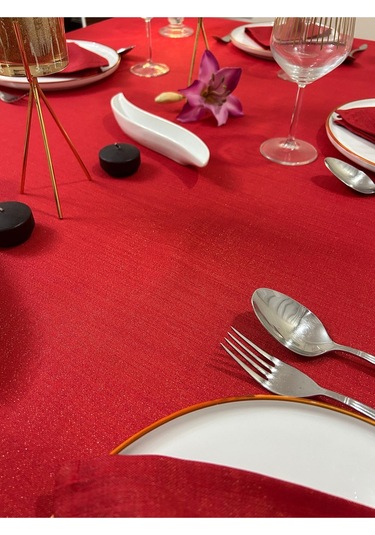 Polyester Keten Simli Masa Örtüsü Kırmızı