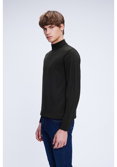 Haki Regular Fit Düz Yarım Balıkçı Yaka Yünlü Triko Kazak Haki