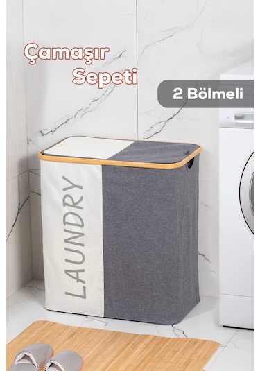 Porsima Mio-103 Bambu 2 Bölmeli Banyo Kirli Çamaşır Sepeti Banyo Düzenleyici Sepet 59x53,5 Cm Renkli