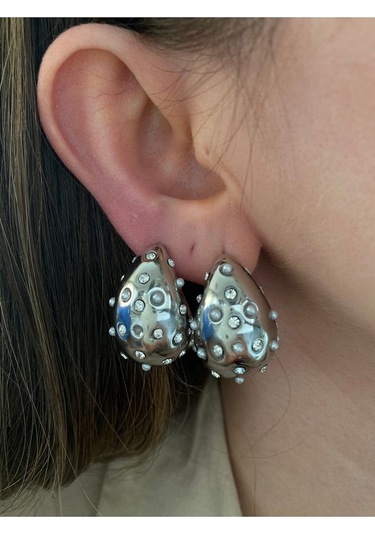 Kadın Zirkon Taşlı İncili Damla Çelik Kararmaz Altın Kaplama Küpe Gümüş