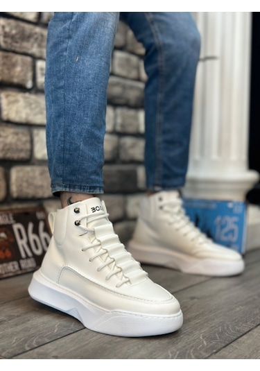 Ba0321 Gizli Bağcıklı Erkek Yüksek Taban Beyaz Spor Bot 001
