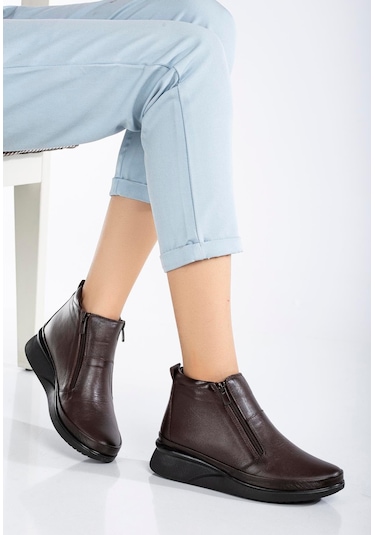 Hakiki Deri Ortopedik Kadın Bot Kahve 2 Fermuarlı Dolgu Tabanlı-3298 Kahve