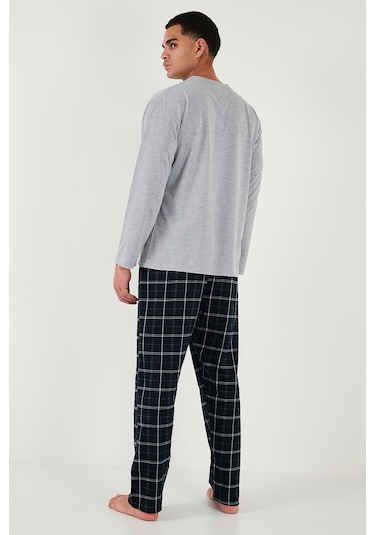 Buratti Ekoseli Regular Fit Yüksek Bel Cepli Bisiklet Yaka Erkek Pijama Takımı 6574002 Gri