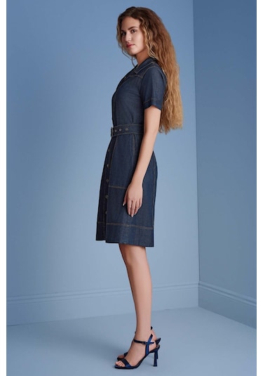 Gömlek Yaka Mavi Jean Elbise Mavi